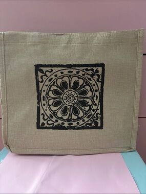 Neutral Canvas Tote with Black Floral Medallion